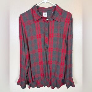 Cabi Popover Tunic Blouse Cunningham Plaid Style 3587 Red Gray Business Casual